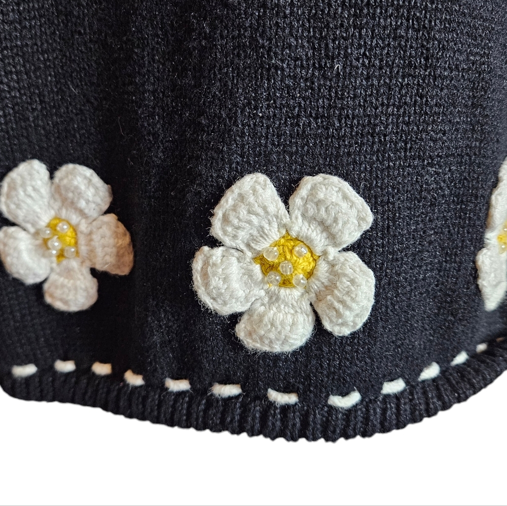 Vintage 90s Bumblebee Daisy Knit Vest Sz XL ? 3D Beaded Boho Grannycore Cottage - Picture 9 of 16